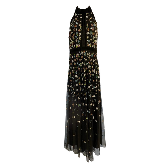 Monsoon Floral Embellished Black High Neck Maxi Dress Size 8