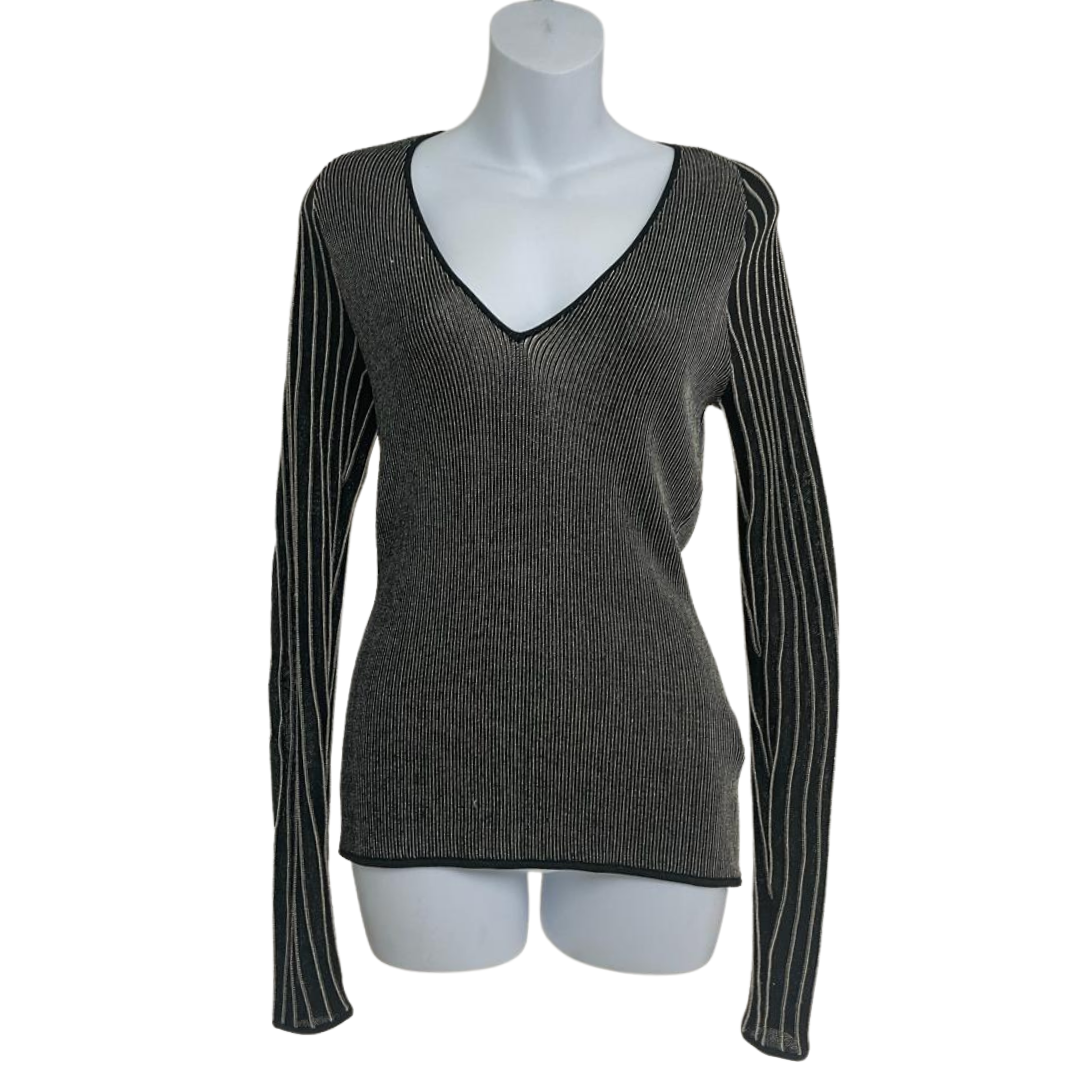 Reiss Black Metallic Long Sleeve V-Neck Top Size S