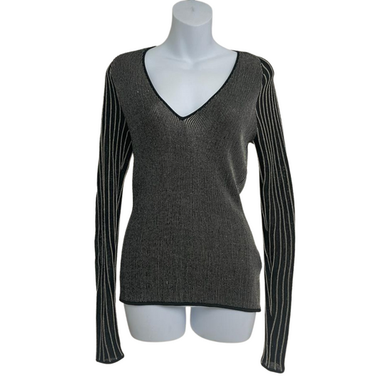 Reiss Black Metallic Long Sleeve V-Neck Top Size S