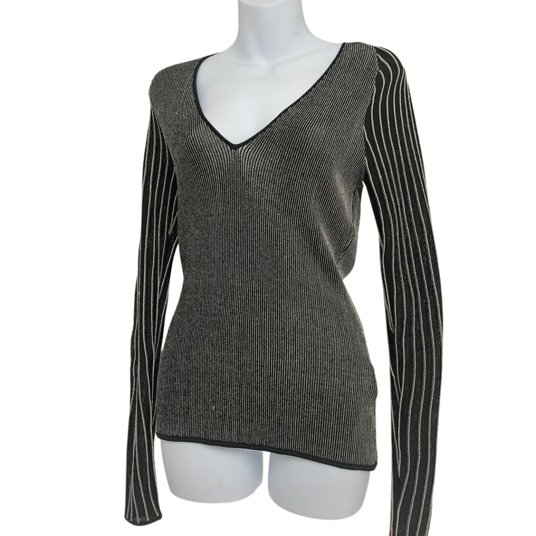 Reiss Black Metallic Long Sleeve V-Neck Top Size S